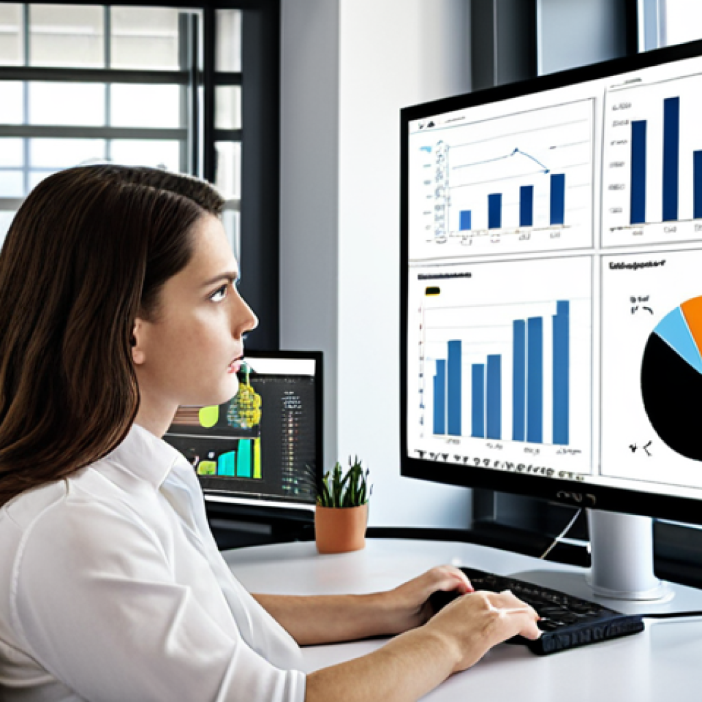 **Data-Driven Decision Making:** "A modern office scene with a person analyzing charts and graphs on a large monitor.  Tableau and Power BI logos subtly visible. The atmosphere is bright and professional."