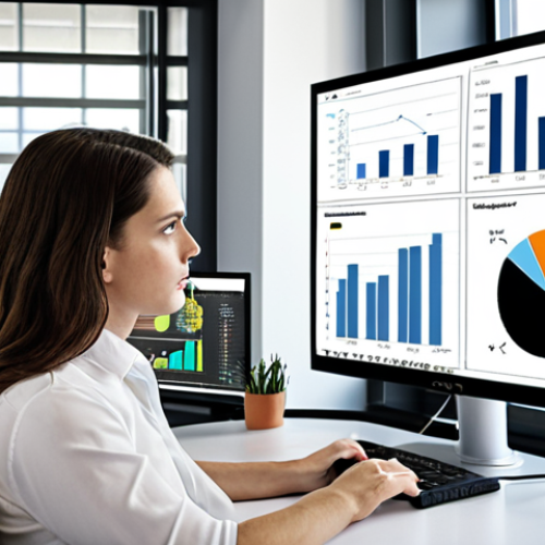 Home 15 **Data-Driven Decision Making:** "A modern office scene with a person analyzing charts and graphs on a large monitor. Tableau and Power BI logos subtly visible. The atmosphere is bright and professional."